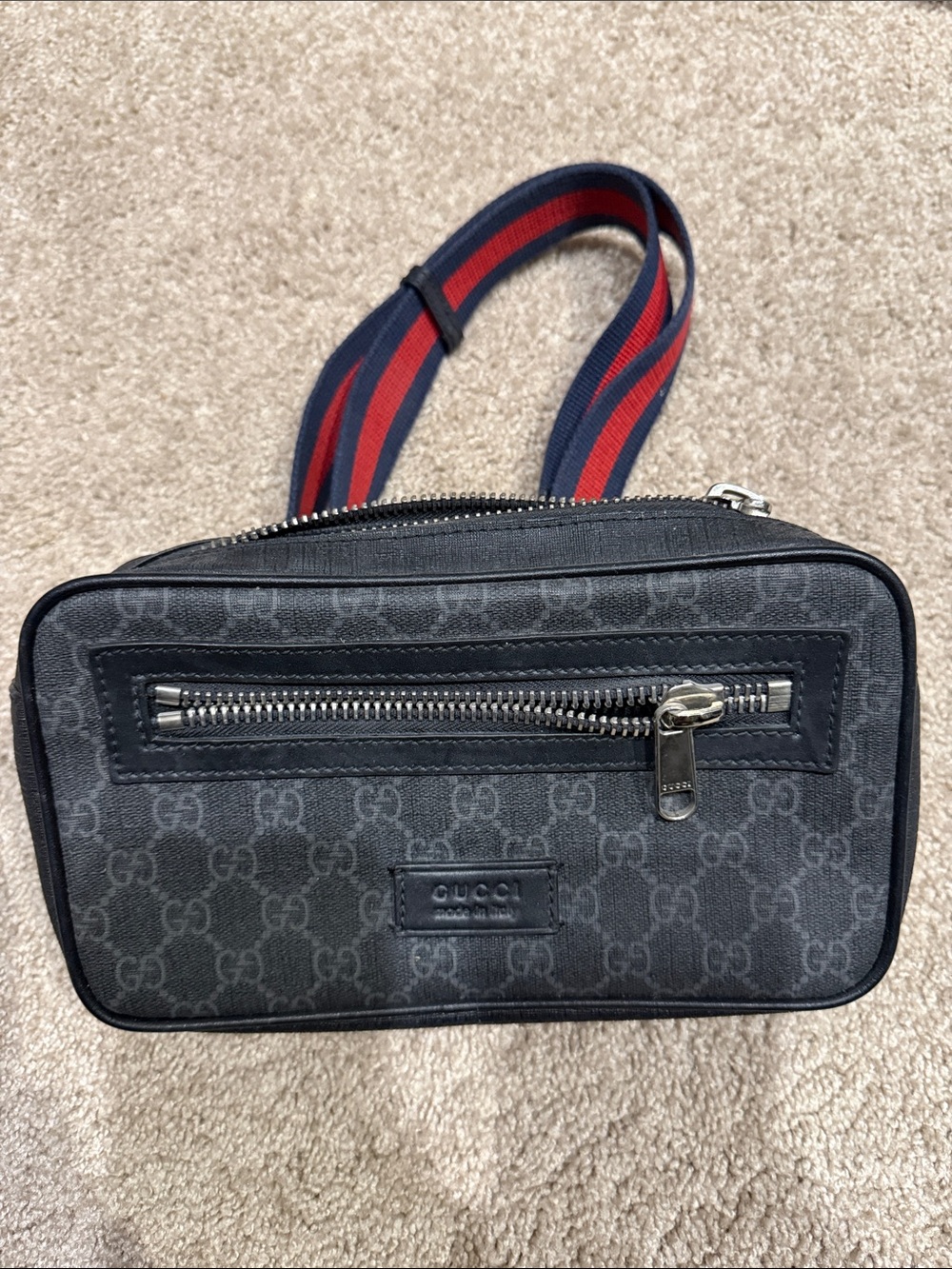 Gucci Gray GG Supreme Canvas Belt Bag with Red-Blue Web Strap